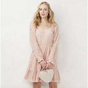 LC Lauren Conrad Pink Lace Overlay Lined Long Sleeve Mini Dress Women Size L NEW